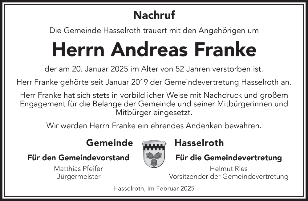  Traueranzeige für Andreas Franke vom 15.02.2025 aus Gelnhäuser Neue Zeitung