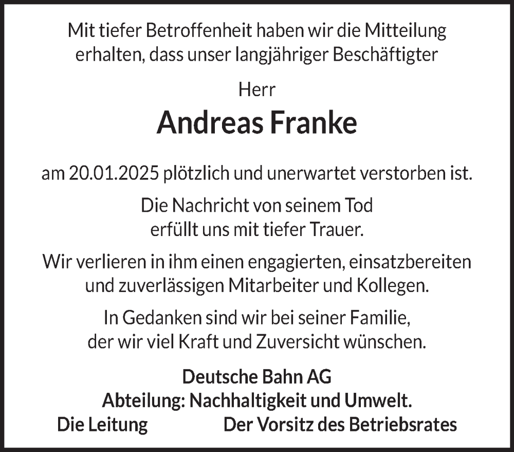  Traueranzeige für Andreas Franke vom 08.02.2025 aus Gelnhäuser Neue Zeitung