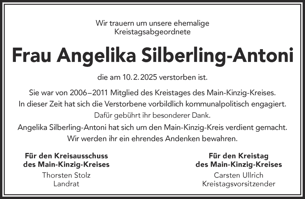  Traueranzeige für Angelika Silberling-Antoni vom 25.02.2025 aus Gelnhäuser Neue Zeitung