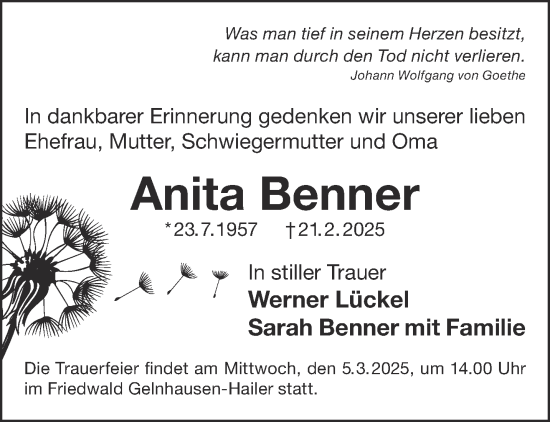 Traueranzeige von Anita Benner von Gelnhäuser Neue Zeitung