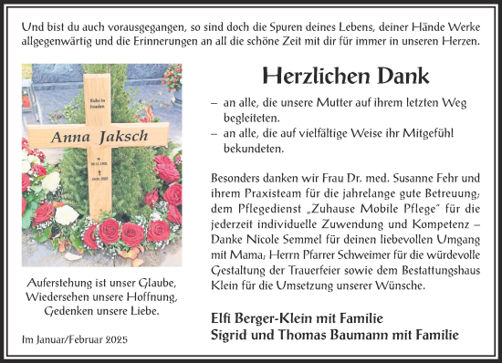 Traueranzeige von Anna Jaksch von Gelnhäuser Neue Zeitung