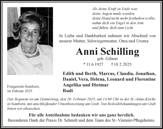 Traueranzeige von Anni Schilling von Gelnhäuser Neue Zeitung