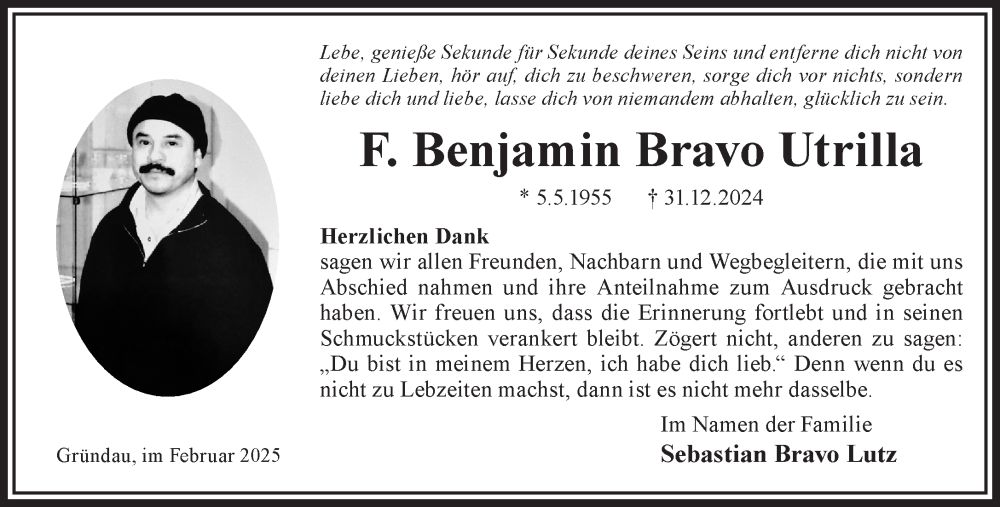  Traueranzeige für Benjamin Bravo Utrilla vom 15.02.2025 aus Mittelhessen-Bote