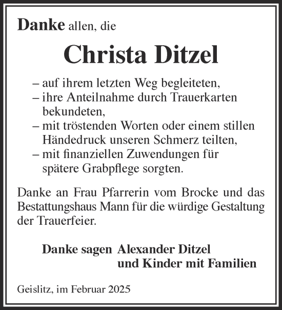 Traueranzeige von Christa Ditzel von Gelnhäuser Neue Zeitung