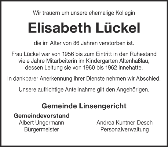 Traueranzeige von Elisabeth Lückel von Gelnhäuser Neue Zeitung