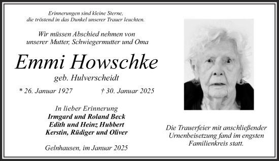 Traueranzeige von Emmi Howschke von Gelnhäuser Neue Zeitung