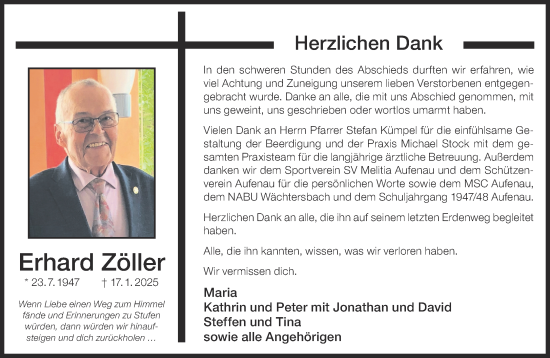 Traueranzeige von Erhard Zöller von Gelnhäuser Neue Zeitung