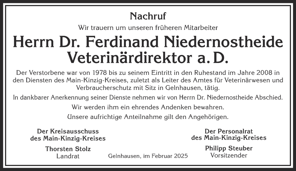  Traueranzeige für Ferdinand Niedernostheide vom 15.02.2025 aus Mittelhessen-Bote