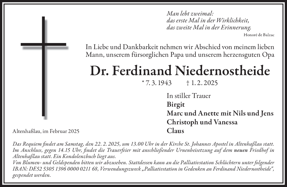  Traueranzeige für Ferdinand Niedernostheide vom 08.02.2025 aus Gelnhäuser Neue Zeitung