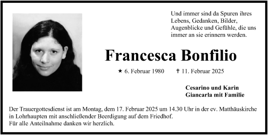 Traueranzeige von Francesca Bonfilio von Gelnhäuser Neue Zeitung