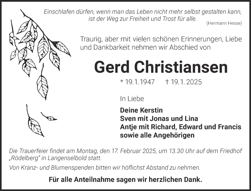  Traueranzeige für Gerd Christiansen vom 08.02.2025 aus Gelnhäuser Neue Zeitung