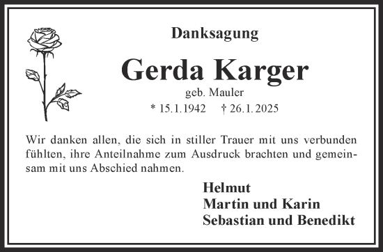 Traueranzeige von Gerda Karger von Gelnhäuser Neue Zeitung