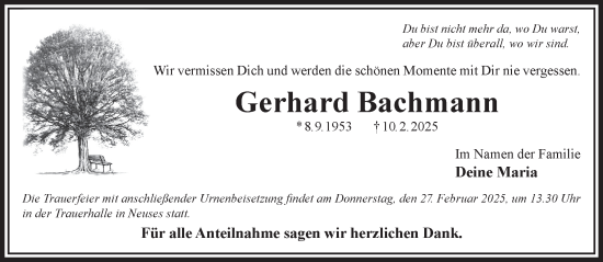Traueranzeige von Gerhard Bachmann von Gelnhäuser Neue Zeitung