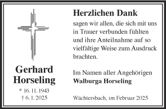 Traueranzeige von Gerhard Horseling von Gelnhäuser Neue Zeitung