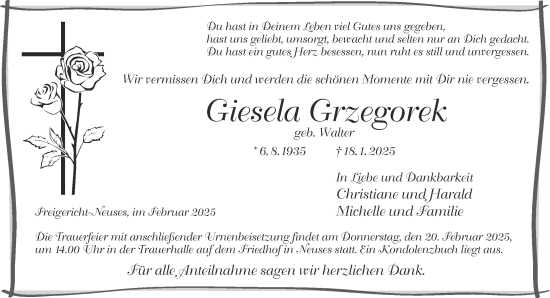 Traueranzeige von Giesela Grzegorek von Gelnhäuser Neue Zeitung