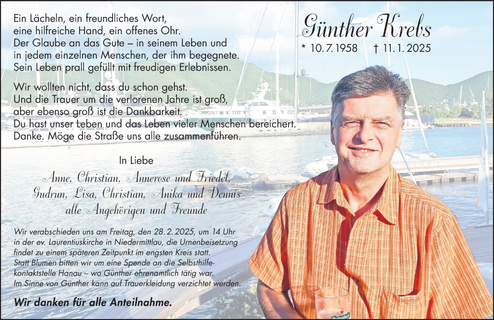  Traueranzeige für Günther Krebs vom 15.02.2025 aus Gelnhäuser Neue Zeitung
