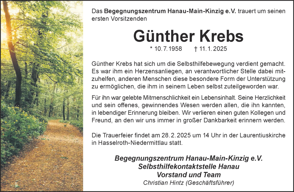  Traueranzeige für Günther Krebs vom 15.02.2025 aus Gelnhäuser Neue Zeitung