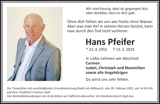 Traueranzeige von Hans Pfeifer von Gelnhäuser Neue Zeitung
