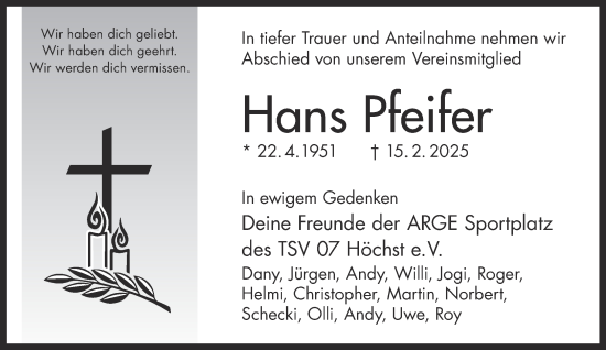 Traueranzeige von Hans Pfeifer von Gelnhäuser Neue Zeitung