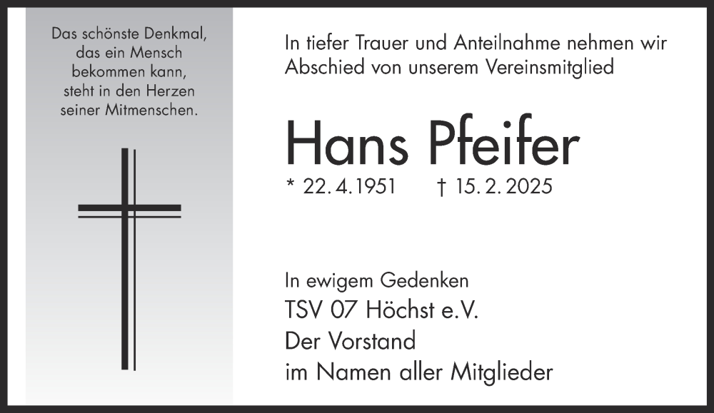  Traueranzeige für Hans Pfeifer vom 21.02.2025 aus Gelnhäuser Neue Zeitung