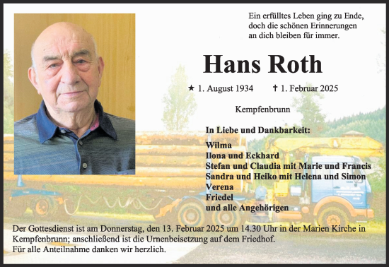 Traueranzeige von Hans Roth von Mittelhessen-Bote