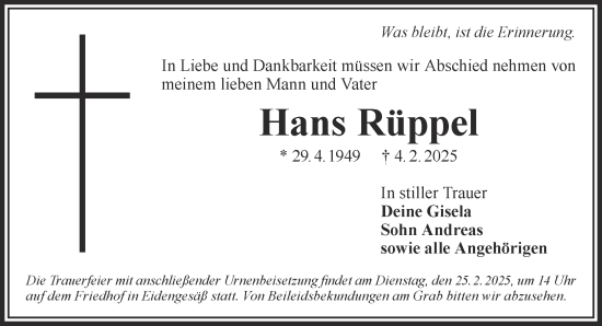 Traueranzeige von Hans Rüppel von Gelnhäuser Neue Zeitung