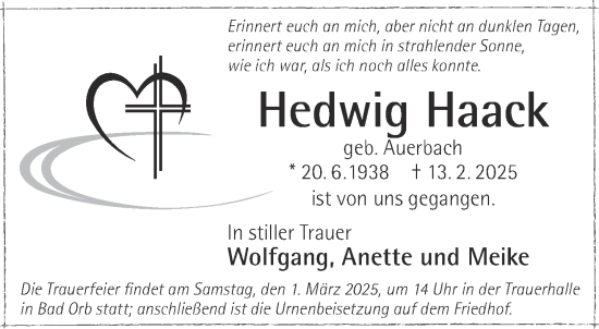 Traueranzeige von Hedwig Haack von Gelnhäuser Neue Zeitung