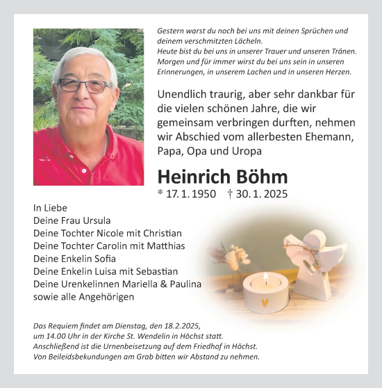 Traueranzeige von Heinrich Böhm von Gelnhäuser Neue Zeitung