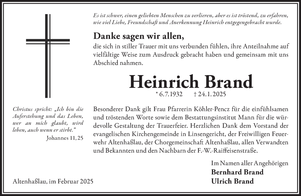  Traueranzeige für Heinrich Brand vom 15.02.2025 aus Gelnhäuser Neue Zeitung