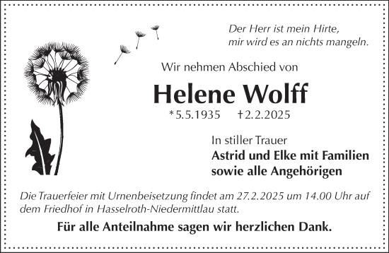 Traueranzeige von Helene Wolff von Gelnhäuser Neue Zeitung