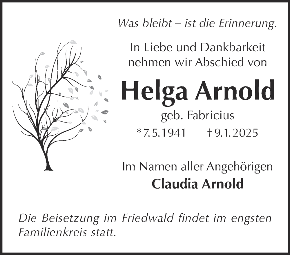  Traueranzeige für Helga Arnold vom 15.02.2025 aus Gelnhäuser Neue Zeitung
