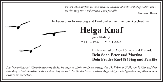 Traueranzeige von Helga Knaf von Gelnhäuser Neue Zeitung
