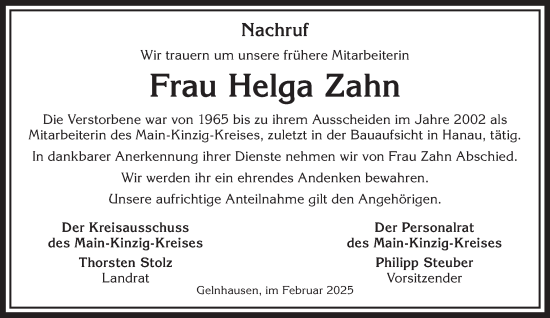 Traueranzeige von Helga Zahn von Mittelhessen-Bote