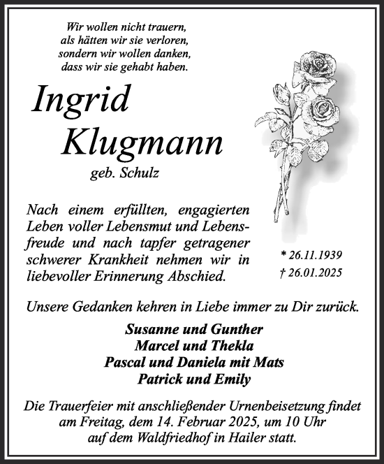 Traueranzeige von Ingrid Klugmann von Mittelhessen-Bote