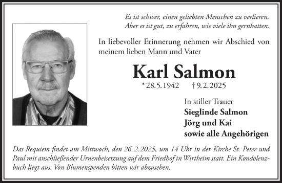 Traueranzeige von Karl Salmon von Gelnhäuser Neue Zeitung