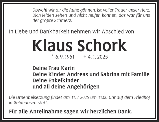 Traueranzeige von Klaus Schork von Gelnhäuser Neue Zeitung