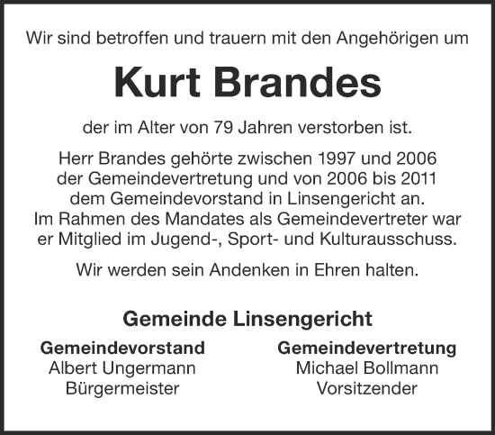 Traueranzeige von Kurt Brandes von Gelnhäuser Neue Zeitung