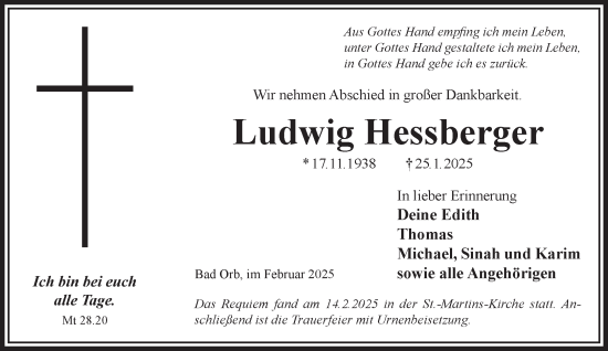 Traueranzeige von Ludwig Hessberger von Mittelhessen-Bote