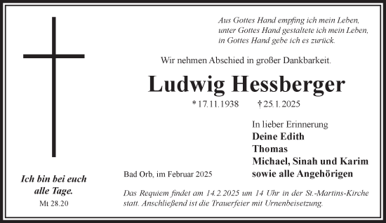 Traueranzeige von Ludwig Hessberger von Gelnhäuser Neue Zeitung