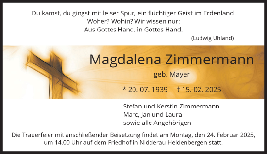 Traueranzeige von Magdalena Zimmermann von Mittelhessen-Bote
