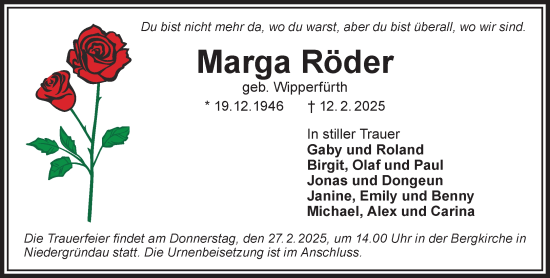 Traueranzeige von Marga Röder von Gelnhäuser Neue Zeitung
