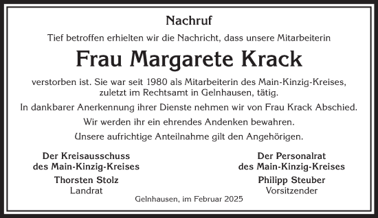 Traueranzeige von Margarete Krack von Mittelhessen-Bote