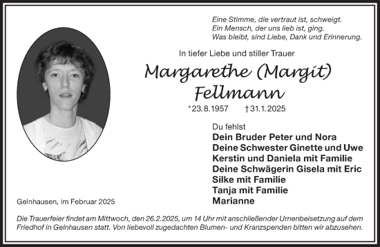 Traueranzeige von Margarethe Fellmann von Gelnhäuser Neue Zeitung