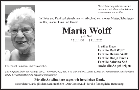 Traueranzeige von Maria Wolff von Gelnhäuser Neue Zeitung