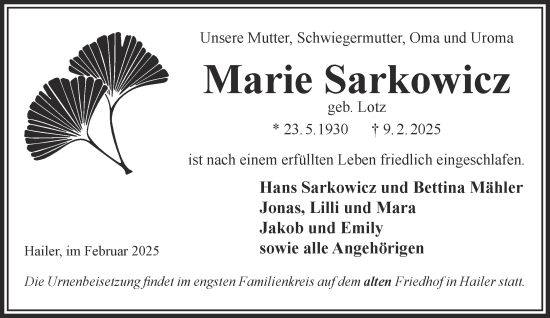 Traueranzeige von Marie Sarkowicz von Gelnhäuser Neue Zeitung