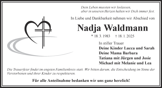 Traueranzeige von Nadja Waldmann von Gelnhäuser Neue Zeitung
