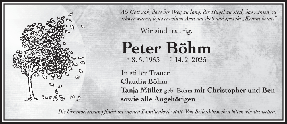  Traueranzeige für Peter Böhm vom 22.02.2025 aus Mittelhessen-Bote