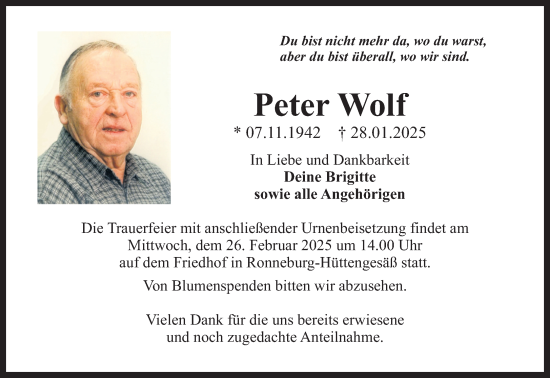 Traueranzeige von Peter Wolf von Gelnhäuser Neue Zeitung