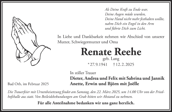 Traueranzeige von Renate Reehe von Gelnhäuser Neue Zeitung