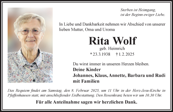 Traueranzeige von Rita Wolf von Gelnhäuser Neue Zeitung